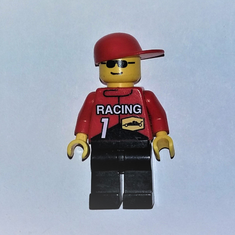 Lego Racer, Red Jacket with 'RACING' and '1', Red Cap, Sunglasses