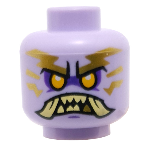 Lego Minifig Head Chief Mammatus, Bright Light Orange Eyes, Tan Teeth and Fangs, Gold Lightning , Angry / Smile Print / Lavender