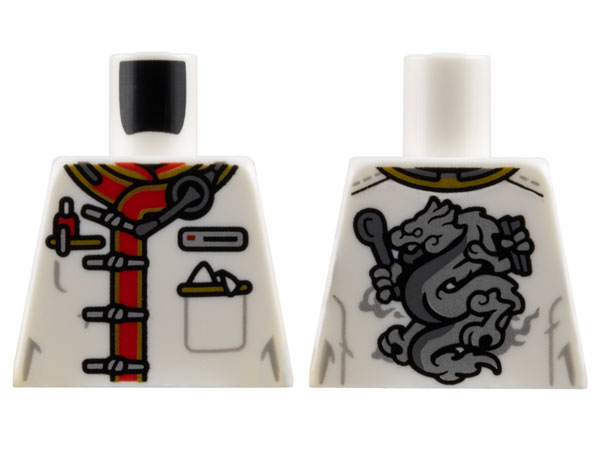 Lego Torso Restaurant Uniform, Red and Gold Trim, Silver Name Badge, Strap Buttons and Dragon on Back Pattern / White
