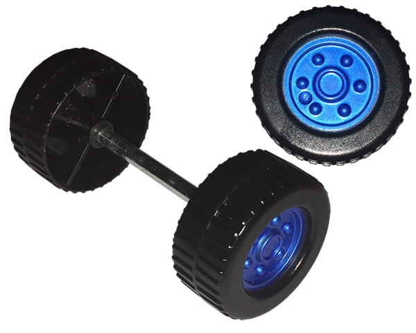 Lego Duplo Wheel with Tread (30mm diameter) Double Assembly with Metal Axle (40mm) and Pearl Sand Blue Classic Hub Pattern / Black