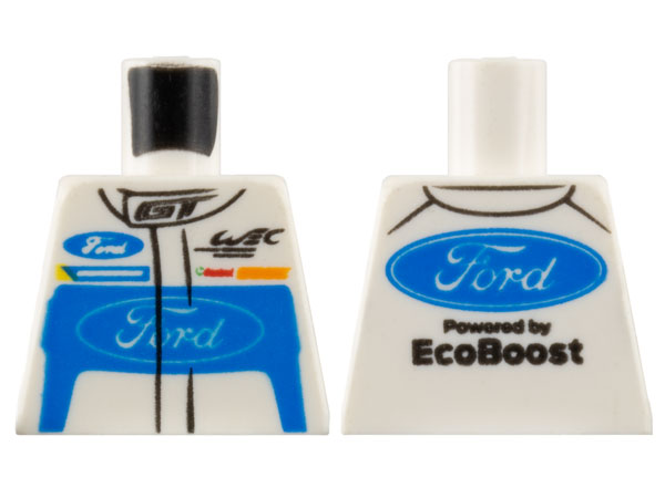 Lego Torso Racing Suit with Ford Logo and 'GT' on Front and Ford Logo and 'Powered by EcoBoost' on Back Pattern / White