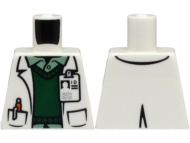 Lego Torso Lab Coat with ID Badge and Orange Pen in Pocket over Dark Green Vest and Sand Green Shirt Pattern / White