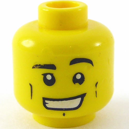Lego Minifig Head Male Black Eyebrows, Vertical Cheek Lines, Chin Dimple and Wide Grin Print [Hollow Stud]