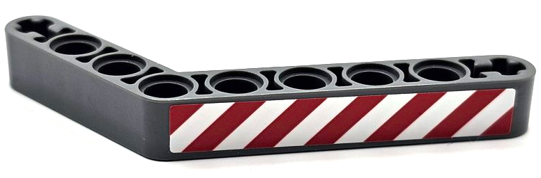 Lego Technic, Liftarm, Modified Bent Thick 1 x 9 (6 - 4) with Red and White Danger Stripes Pattern Model Right Side (Sticker) - Set 42080 / Dark Bluish Gray