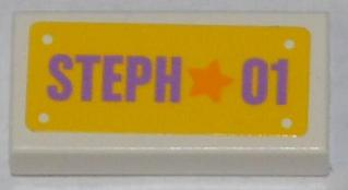 Lego Tile 1 x 2 with Orange Star and Medium Lavender 'STEPH 01' on Yellow Background Pattern (Sticker) - Set 3183 / White