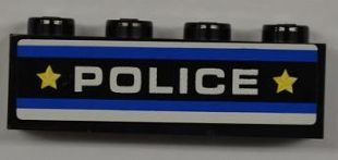 Lego Brick 1 x 4 with Blue and White Stripes, 'POLICE' and 2 Yellow Stars Pattern (Sticker) - Set 8197 / Black