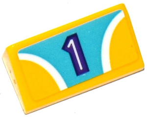 Lego Slope 30 1 x 2 x 2/3 with 2 Yellow Quadrants, Curved White Stripes and Dark Purple Number 1 on Medium Azure Background Pattern (Sticker) - Set 41133 / Yellow