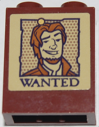 Lego Brick 1 x 2 x 2 with Inside Stud Holder with Tan Poster with Smiling Man Flynn Rider with Normal Nose and 'WANTED' Pattern (Sticker) - Set 43187 / Reddish Brown