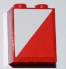 Lego Brick 1 x 2 x 2 with Inside Axle Holder with Red and White Diagonal Halves Pattern Model Left Side (Sticker) - Set 3182 / Red