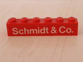 Lego Brick 1 x 6 with White 'Schmidt & Co.' Text on Red Background Pattern (Sticker) - Set 1601 / Red