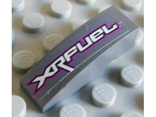 Lego Slope, Curved 3 x 1 with 'XRFUEL' on Top Pattern Model Right (Sticker) - Set 8136 / Dark Bluish Gray