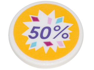 Lego Road Sign 2 x 2 Round with Clip with Dark Purple '50%' and Colored Diamonds in Starburst on Bright Light Orange Background Pattern (Sticker) - Set 41132 / White