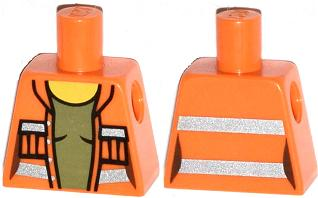 Lego Torso Female Open Safety Vest with Silver Reflective Stripes over Olive Green Shirt Pattern / Orange