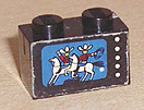 Lego Brick 1 x 2 with Cowboys & Horses on TV Pattern (Sticker) - Sets 376-2 / 560-1 / Black