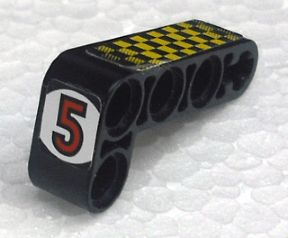 Lego Technic, Liftarm, Modified Bent Thick L-Shape 2 x 4 with Red Number 5 in White Circle, Yellow and Black Checkered Pattern (Stickers) - Set 8238