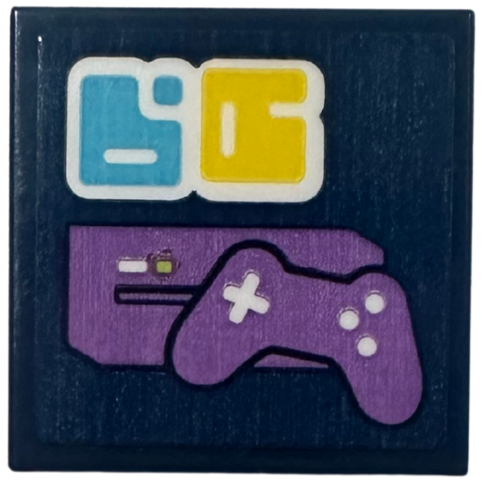 Lego Tile 2 x 2 with Medium Lavender Video Game Controller and Console, Medium Azure and Yellow Symbols Pattern (Sticker) - Set 42674 / Dark Blue