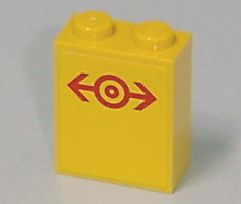 Lego Brick 1 x 2 x 2 with Inside Axle Holder with Red Train Logo Pattern (Sticker) - Set 7641 / Yellow