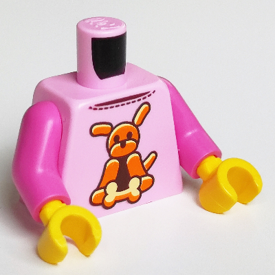 Lego Torso Sweater, Orange Dog and Bone Print, Dark Pink Arms, Yellow Hands