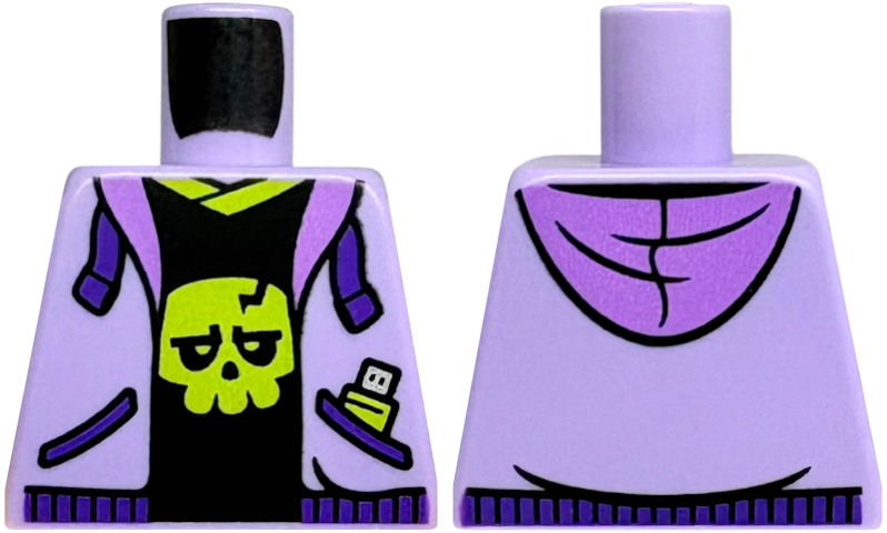 Lego Torso Hoodie Open with Medium Lavender Hood, Dark Purple Drawstrings and Pockets, Black Shirt with Lime Collar and Skull Pattern / Lavender