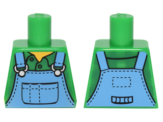 Lego Torso Medium Blue Overalls over Plaid Shirt with Buttons and Collar Pattern / Bright Green