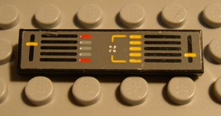 Lego Tile 1 x 4 with Dark Gray Background, Yellow and Black Controls Pattern (Sticker) - Set 8448 / Black
