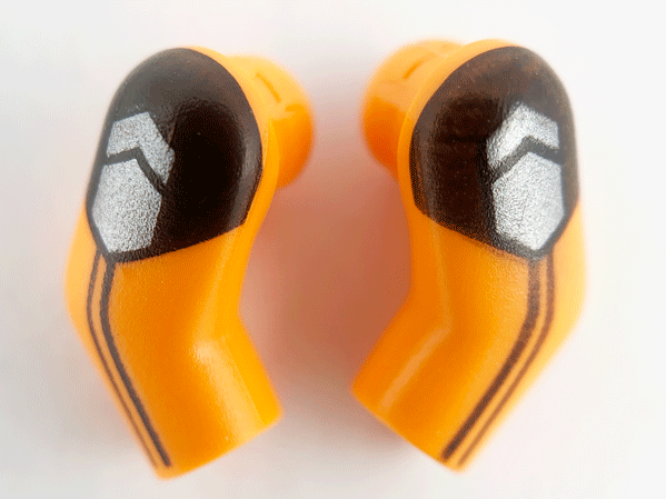Lego Arm, (Matching Left and Right) Pair with Black Short Sleeve, Stripes and Pearl Dark Gray Insignia Pattern / Orange