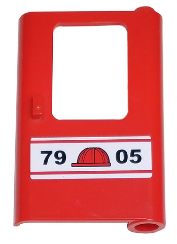 Lego Door 1 x 4 x 5 Train Right, Thin Support at Bottom with Red Construction Helmet and '7905' Pattern (Sticker) - Set 7905