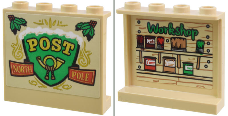 Lego Panel 1 x 4 x 3 with Side Supports - Hollow Studs with Gold Mail Horn, 'POST' and 'NORTH POLE' on Outside and Bright Green 'Workshop', Paint and Brushes on Inside Pattern Model Right Side (Stickers) - Set 40746 / Tan