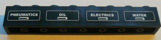 Lego Brick 1 x 8 with White 'PNEUMATICS', 'OIL', 'ELECTRICS' and 'WATER' on Black Background Pattern (Stickers) - Set 7939 / Black