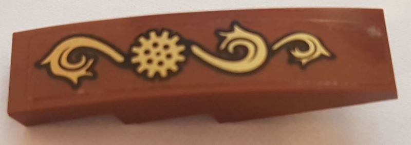 Lego Slope, Curved 4 x 1 with Gold Gear and Ornament Pattern Model Left Side (Sticker) - Set 70810 / Reddish Brown