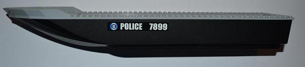 Lego Boat, Hull Unitary 51 x 12 x 6 with Light Bluish Gray Top with 'POLICE 7899' Pattern on Both Sides (Stickers) - Set 7899 / Black