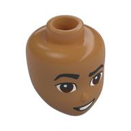 Lego Minidoll Head, Black Eyebrows, Reddish Brown Eyes, Lopsided Smile, Raised Eyebrow / Medium Nougat