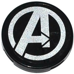Lego Tile, Round 2 x 2 with Bottom Stud Holder with Silver Avengers Logo Pattern (Sticker) - Set 76032 / Black