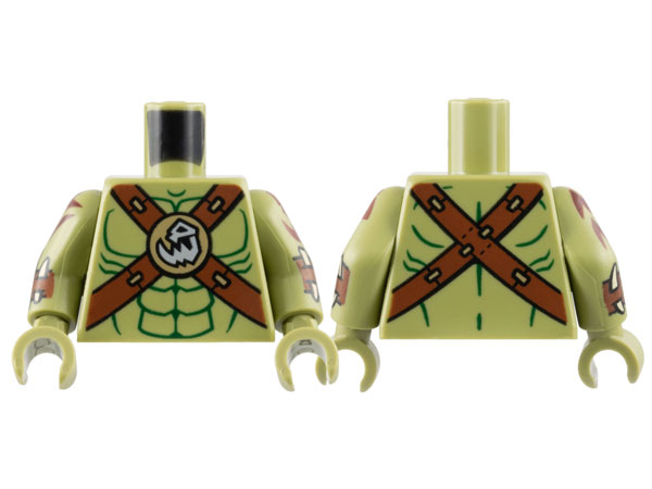 Lego Torso Bare Chest, Dark Green Contour Lines, Reddish Brown Crossbelts with Skull Clasp Pattern / Olive Green Arms with Reddish Brown Cuffs and Zigzag Tattoos Pattern / Olive Green Hands