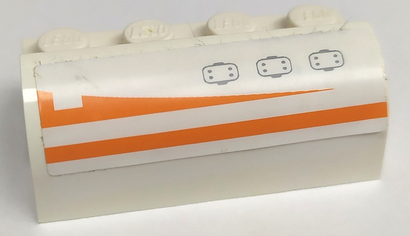 Lego Slope, Curved 2 x 4 x 1 1/3 with 4 Recessed Studs with Hatches and Orange Stripes Pattern Model Right Side (Sticker) - Set 7649