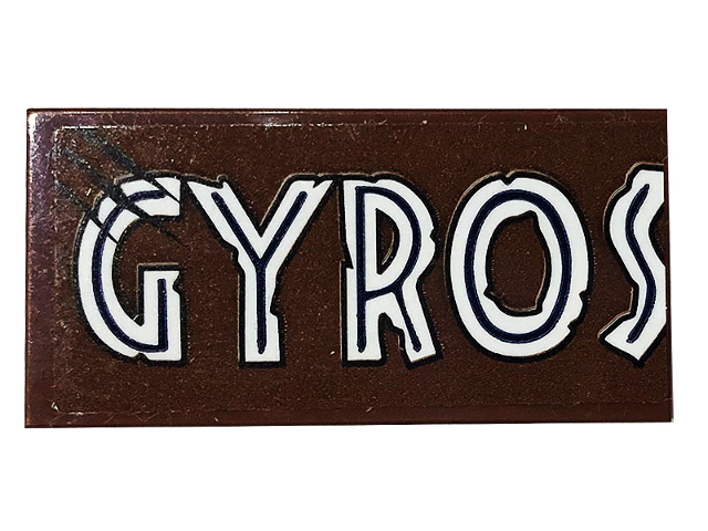 Lego Tile 2 x 4 with 'GYROS' and Scratches Pattern (Sticker) - Set 75929 / Reddish Brown
