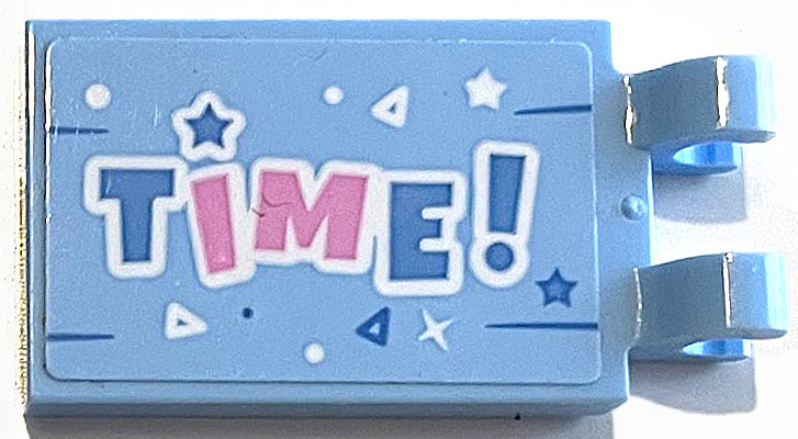 Lego Tile, Modified 2 x 3 with 2 Open O Clips with Medium Blue and Bright Pink 'TIME!' and White Stars, Triangles, Dots and Lines Pattern (Sticker) - Set 41453 / Bright Light Blue