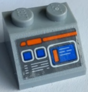 Lego Slope 45 2 x 2 with Computer Screen with Blue Buttons, Orange and White Lines on Dark Bluish Gray Background Pattern (Sticker) - Set 60227