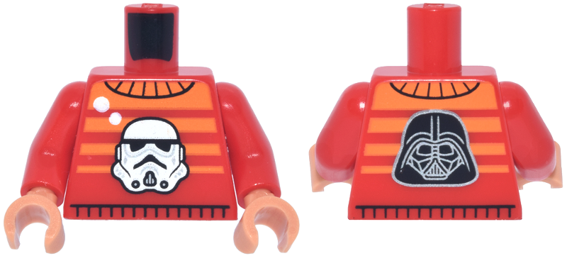 Lego Torso Sweater with Orange Stripes and White Star Wars Stormtrooper Helmet, Black and Silver Darth Vader on Back Pattern / Red Arms / Nougat Hands