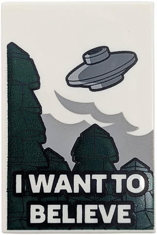 Lego Tile 2 x 3 with Light Bluish Gray and Dark Bluish Gray UFO, Dark Green Trees and 'I WANT TO BELIEVE' Pattern / White