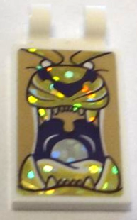 Lego Tile, Modified 2 x 3 with 2 Open O Clips with Dark Purple, Tan and Holographic Gold Tiger Head with Open Mouth and Teeth (Cave of Wonders) Pattern (Sticker) - Set 41161 / White