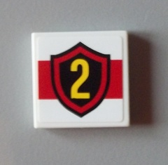 Lego Tile 2 x 2 with Yellow Number 2 Fire Logo Badge on Red Stripe Pattern (Sticker) - Set 60004 / White