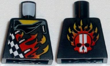 Lego Torso World Racers - Checkered Pattern with Flames on Front, Flames and Red Skull with White Stripes on Back / Black