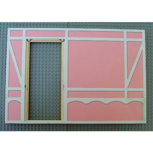 Lego Scala, Building, Wall, Vertical Grooved 40 x 2 x 22 2/3 with Door Opening, White Tudor Frame on Light Salmon Print / Light Yellow