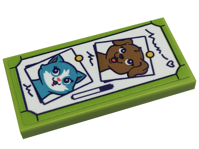 Lego Tile 2 x 4 with Medium Nougat Dog and Medium Azure Cat Pictures with Dark Purple Pen and Writing on White Background Pattern (Sticker) - Set 41699 / Lime