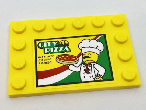Lego Tile, Modified 4 x 6 with Studs on Edges with Chef, 'CITY PIZZA', Store Hours, and Italian Flag Colors Pattern Model Left Side (Sticker) - Set 60150