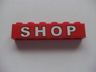 Lego Brick 1 x 6 with White 'SHOP' on Red Background Pattern (Sticker) - Set 7633 / Red
