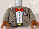 Lego Torso Jacket Open with Buttons and Pockets over White Shirt, Black Belt with Yellow Buckle, Red Bow Tie, Handkerchief, Magnifying Glass, Pen Pattern / Dark Gray Arms / Brown Hands