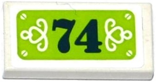 Lego Tile 1 x 2 with Dark Blue '74' and White Hearts, Swirls and Screws on Lime Background Pattern (Sticker) - Set 41108