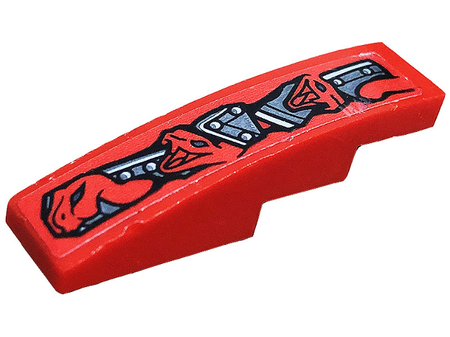 Lego Slope, Curved 4 x 1 with Red Snakes and Silver Armor Plates Pattern Model Back Right Side (Sticker) - Set 70624 / Red